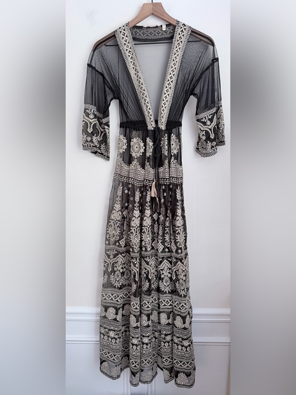 Soft Surroundings black mesh Longline duster sequin Embroidered floral tassels S - Picture 2 of 7